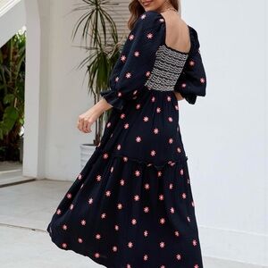 Women Casual Embroidered Maxi Dress Floral Square Neck Dresses with Puff Sleeves